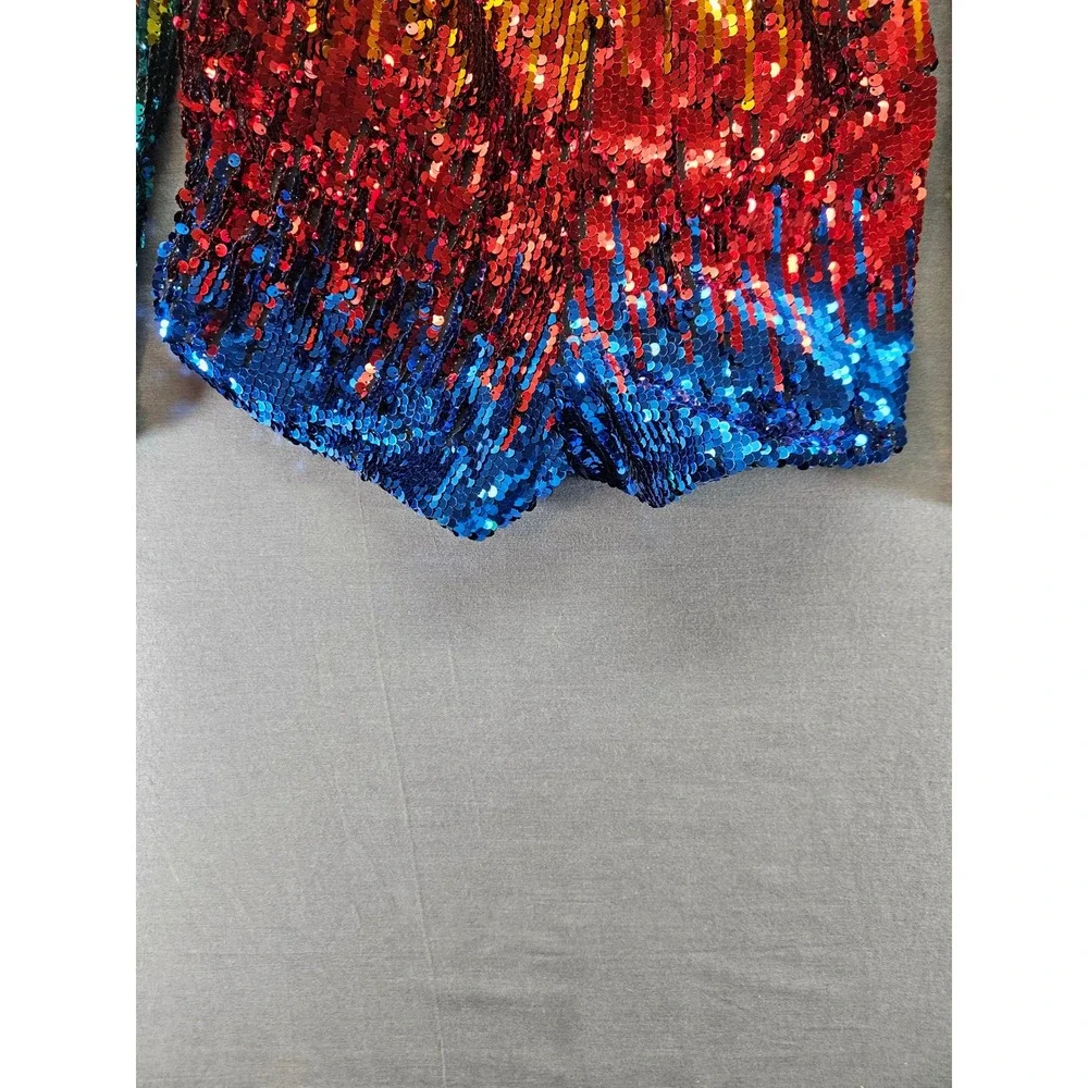 Rainbow Sequin Long Sleeve Romper Festival Rave Ombre Bodysuit Multicolor L/XL